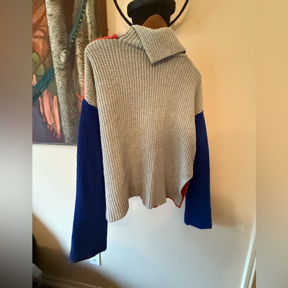 Vintage 80s Split Turtleneck Tri Color  Sweater Women’s Large Blue Orange Gray - Picture 2 of 5